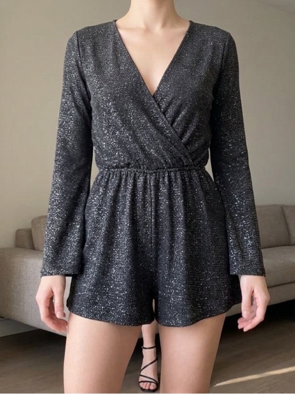 Black Metallic Long-Sleeve Jumpsuit